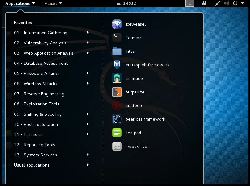 Kali Linux là gì? Tổng quan và 12 tính năng nổi bật của hệ điều hành 39 Giao diện menu application