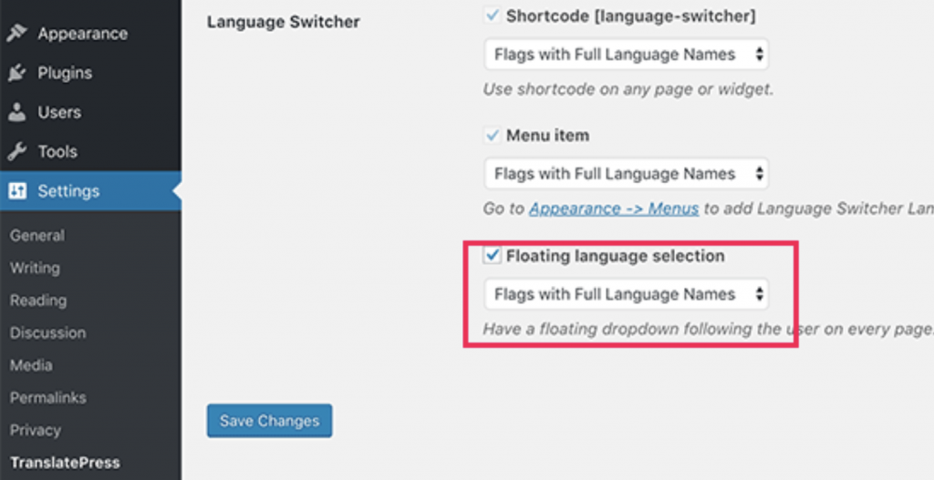 Chọn Floating language selection