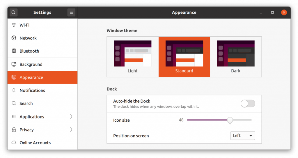 Bảng cài đặt ‘Appearance’ trong Ubuntu 20.04