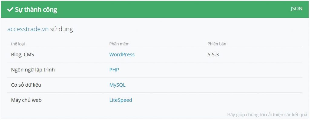 Kết quả kiểm tra website WordPress với WhatCMS