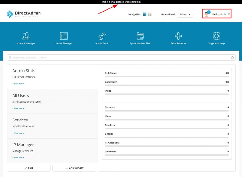 Giao diện đăng nhập sau khi cài đặt directadmin