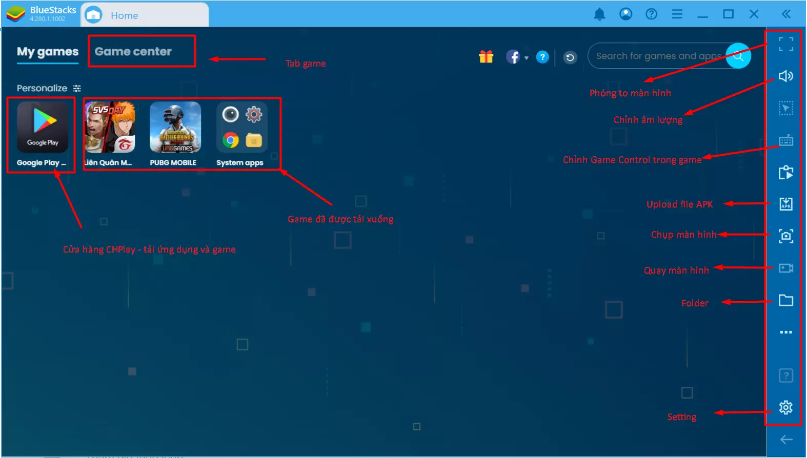 Các tính năng cơ bản có trên giao diện BlueStacks 4