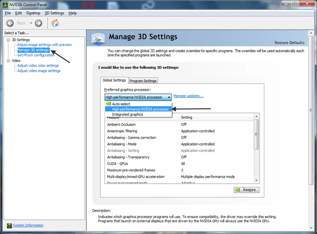 manage 3D settings