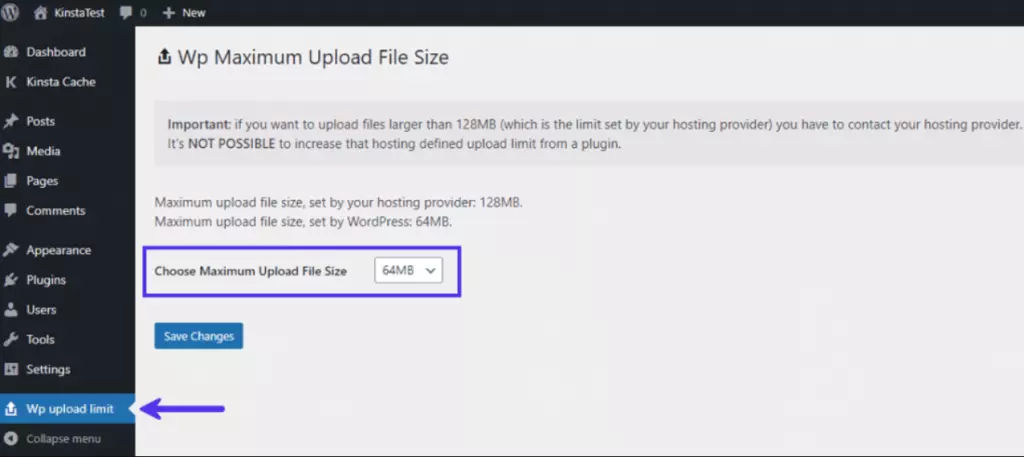 chỉnh sửa kích thước upload file trong plugin