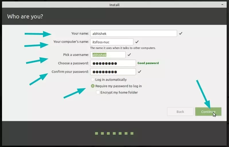 Tạo người dùng và mật khẩu trong khi cài đặt Linux Mint