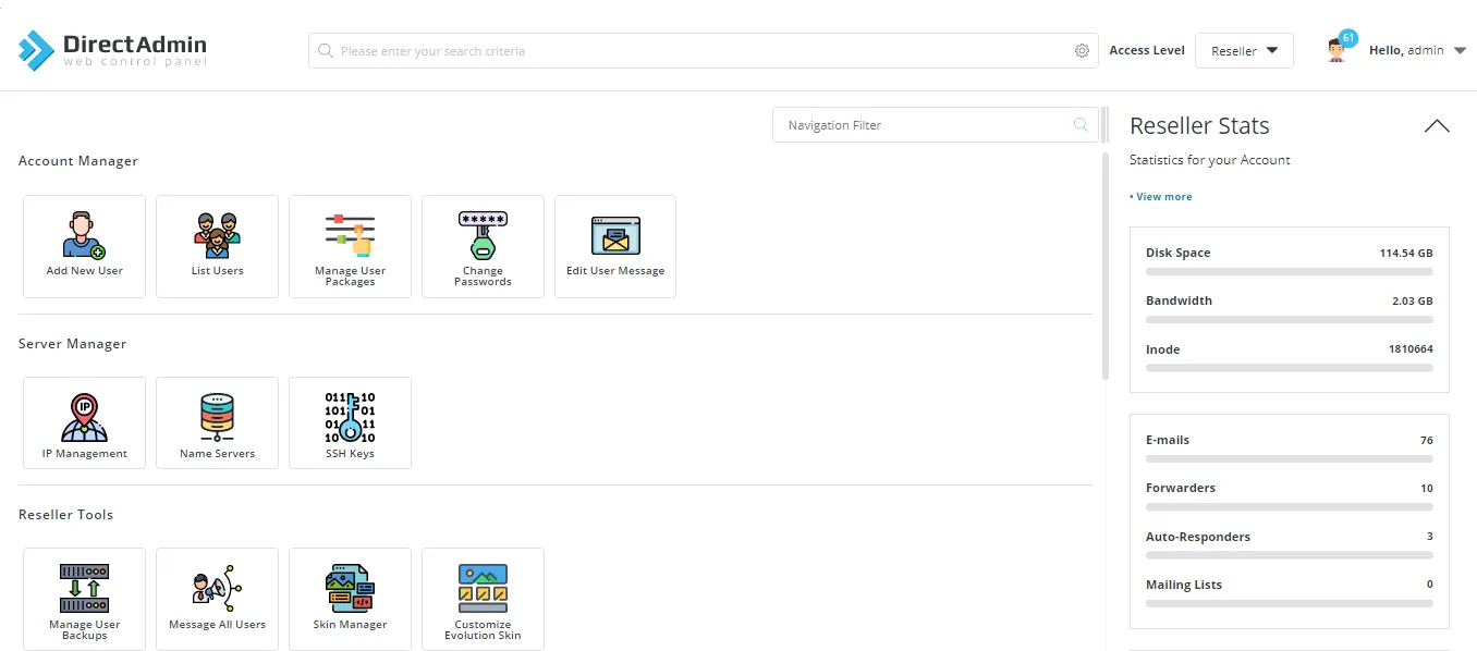 Giao diện Reseller trên DirectAdmin