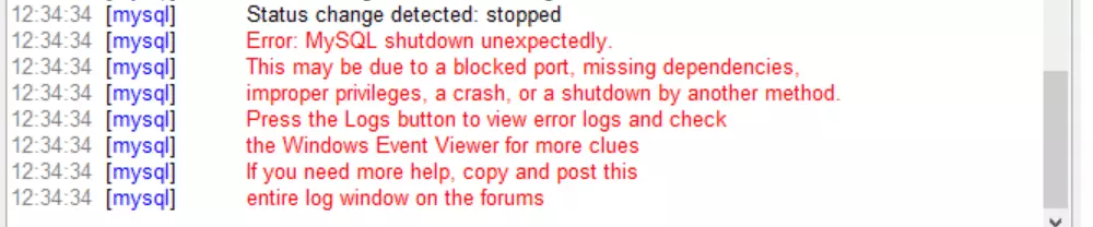 error: mysql shutdown unexpectedly