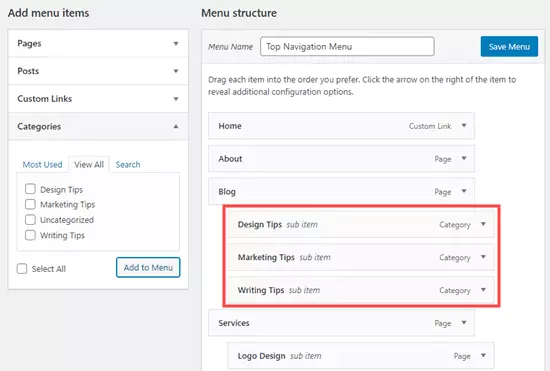 Hướng dẫn cách tạo menu trong WordPress đơn giản 22 sắp xếp category phụ cho blog
