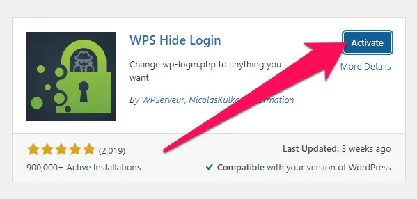 Active plugin WPS Hide Login