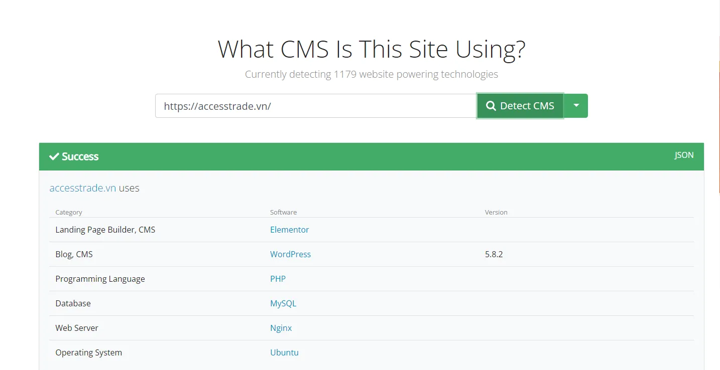 Kiểm tra có sử dụng mã nguồn WordPress với WhatCMS