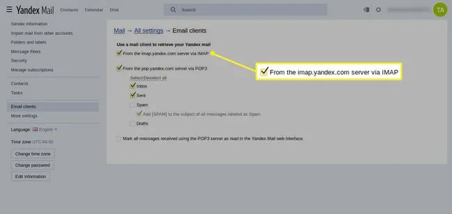 4. Check vào From the imap.yandex.com server via IMAP
