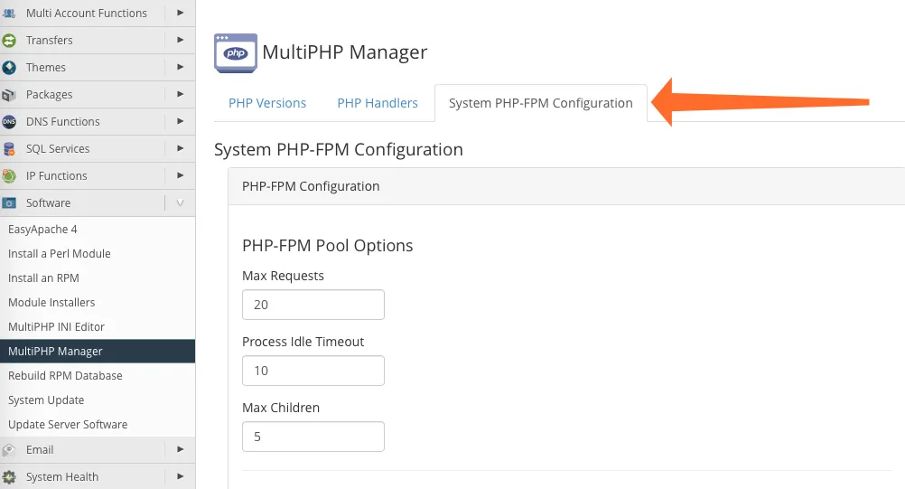 Click vào tab System PHP-FPM Configuration.