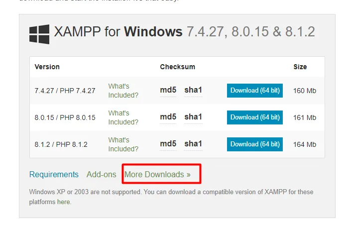 Chọn More Download để nâng cấp PHP cho XAMPP