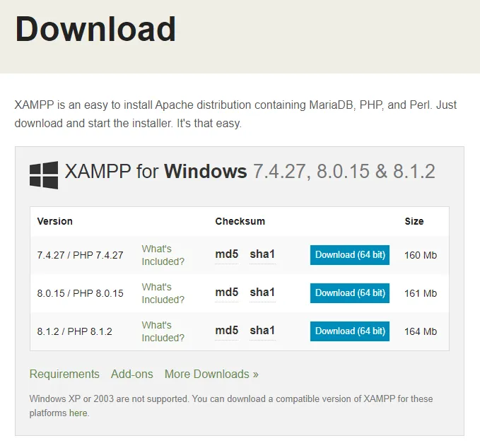Download file XAMPP cho Windows