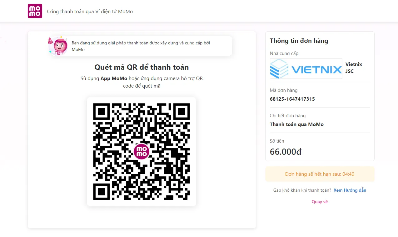 Hướng dẫn thanh toán dịch vụ tại Vietnix bằng QR code Momo