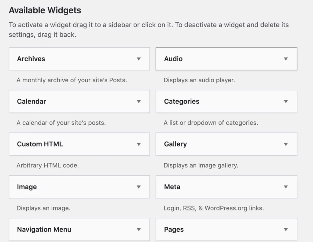 Các widget đi kèm với WordPress