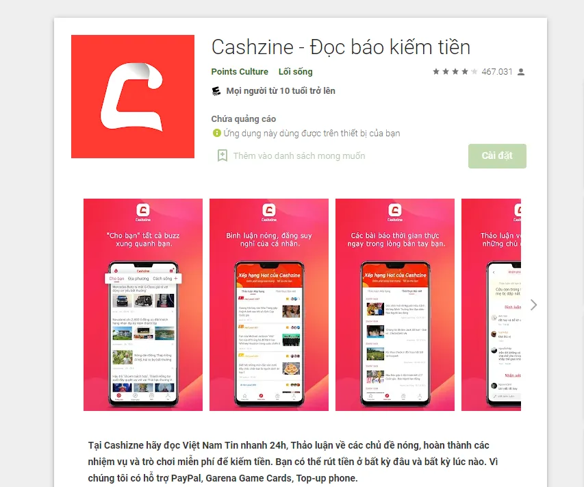 App lướt web tìm hiểu chi phí Cashzine