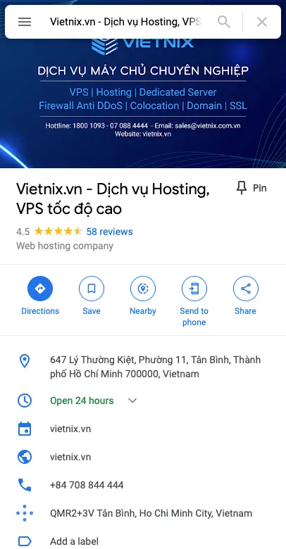 Giao diện Vietnix trên SEO Google Maps