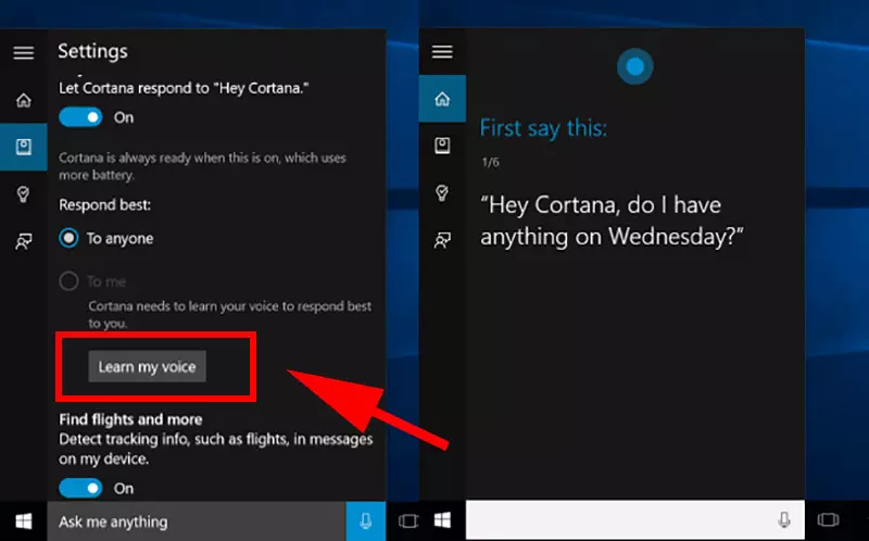Nhấn vào nút Learn my voice và bắt đầu tiến hành huấn luyện cho Cortana