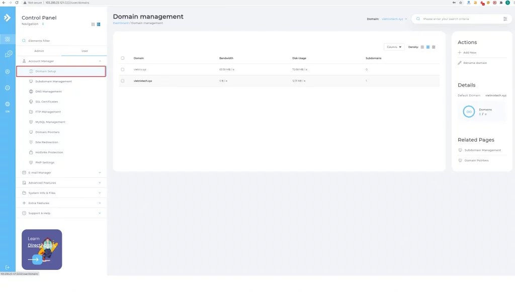 Chọn Domain Setup trong Account Manager