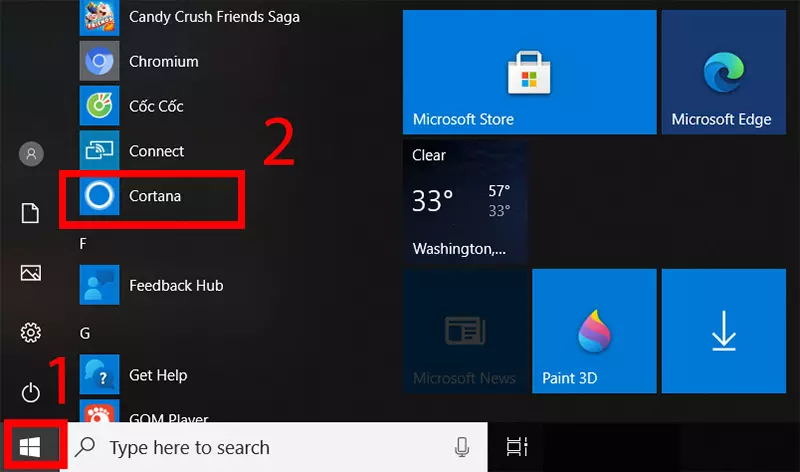  Click chuột vào biểu tượng Windows sau đó nhấn chọn Cortana