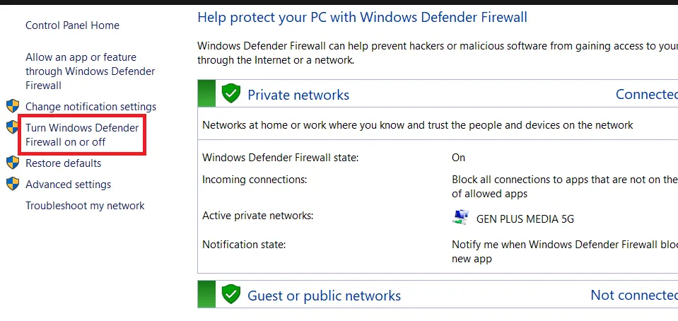 Chọn Turn Windows Defender Firewall on or off.