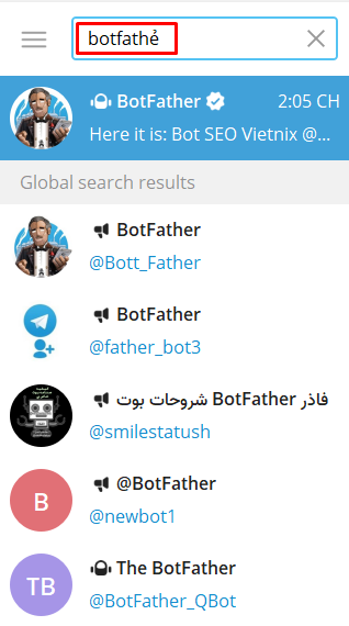 Bước 1: Trên Telegram, tìm kiếm Botfather.