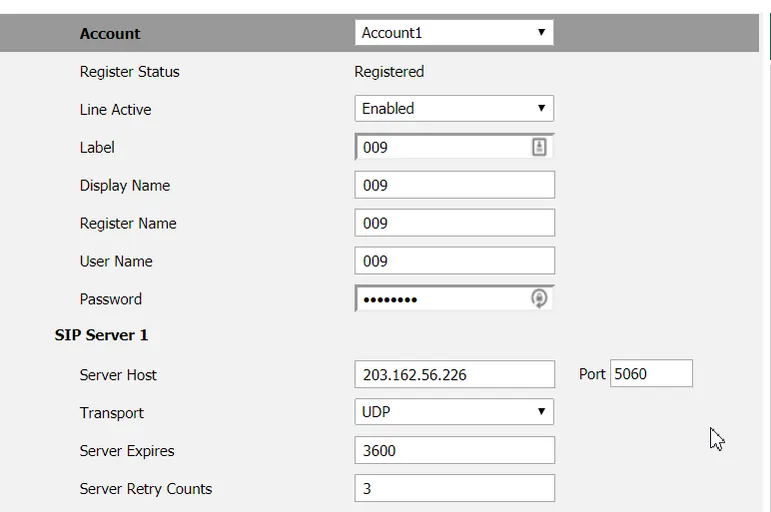 Thông số cơ bản của SIP Account