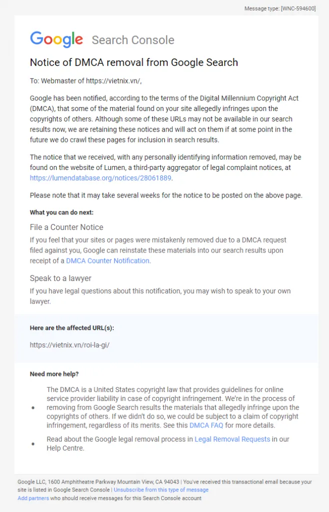 Thông báo DMCA khi đã cài đặt Google Search Console