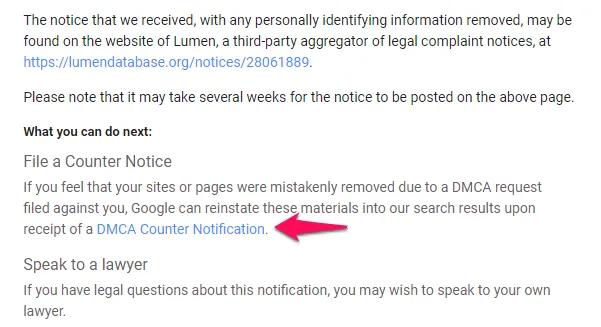 Truy cập đường dẫn DMCA Counter Notification trong Email