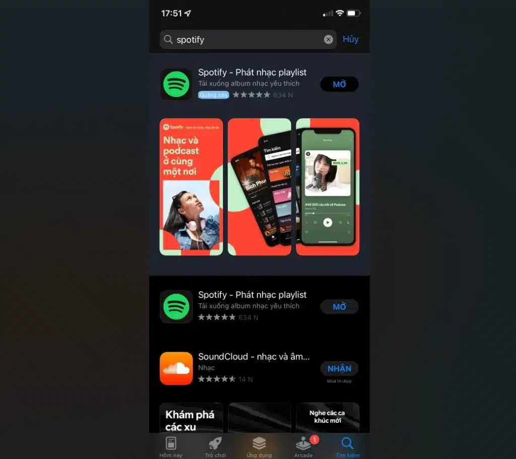 Cài đặt ứng dụng Spotify từ App store
