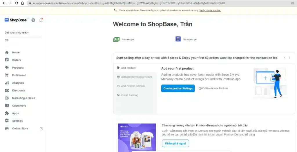 Giao diện bắt đầu của Shopbase