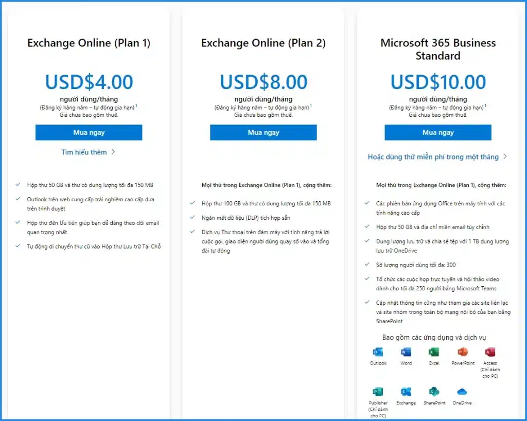 Các gói Microsoft Exchange