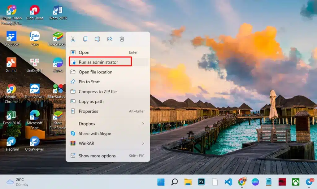 Reset và mở lại BlueStacks với quyền Admin