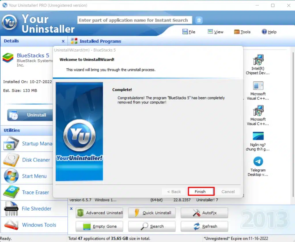 Hướng dẫn cách xóa sạch BlueStacks trên Your Uninstaller.