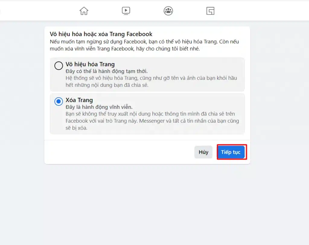 Cách xóa Trang Facebook trên máy tính