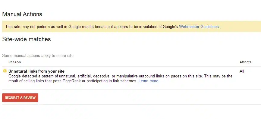 Ví dụ về phạt tác vụ thủ công của Google trong Google Search Console