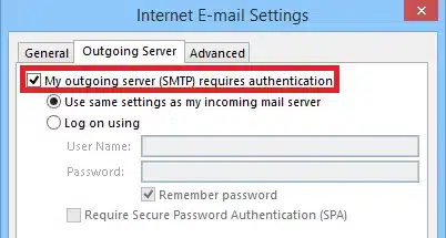 Chọn My outgoing server (SMTP) requires authentication