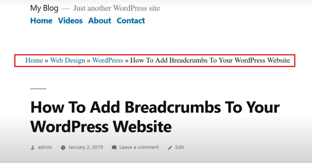 Giao diện sau khi bật Breadcrumb WordPress