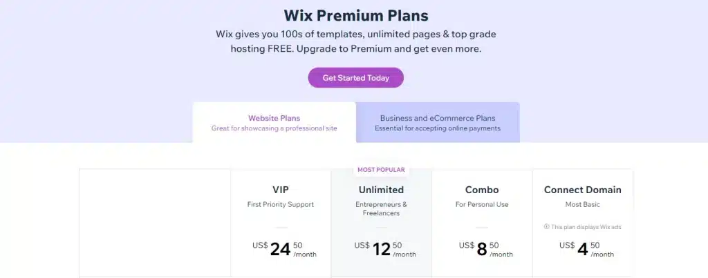 Các gói Premium của Wix