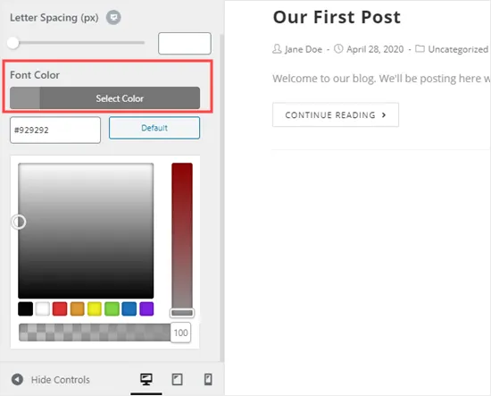 Chọn màu để thay đổi màu văn bản WordPress