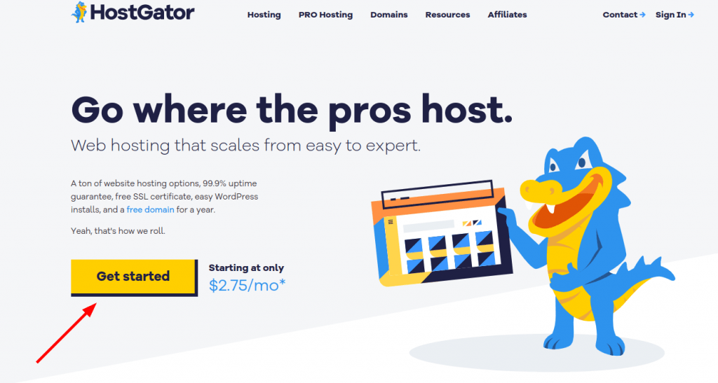Truy cập vào website HostGator và bấm Get started để mua hosting tại đây