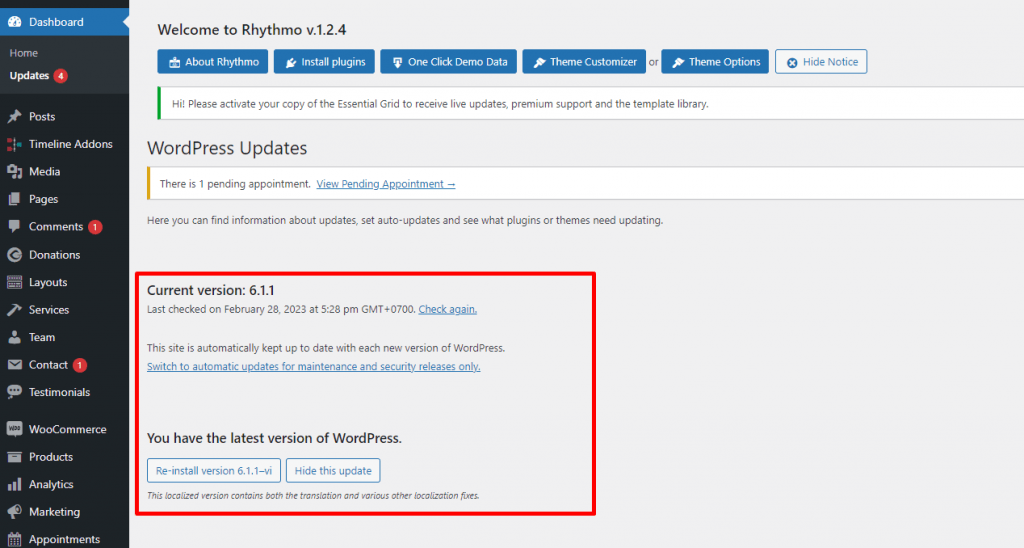 Kiểm tra phiên bản WordPress bằng trang quản trị (Dashboard)
