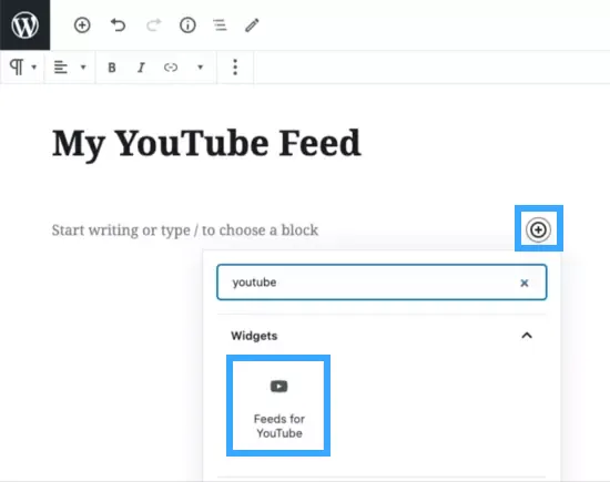 Thêm một block Feeds for Youtube để nhúng video vào trong bài viết