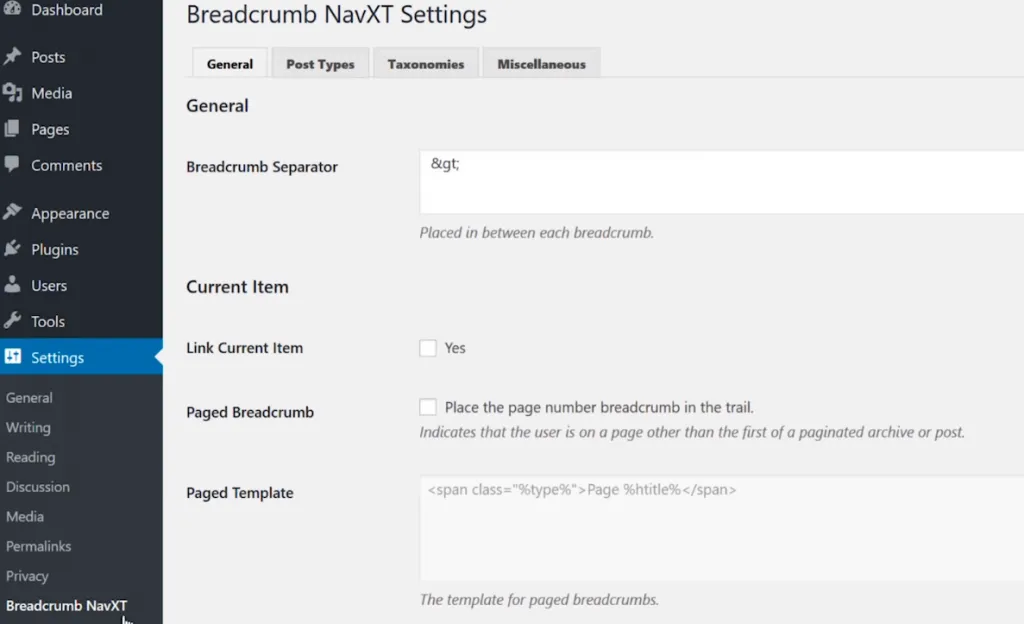 Chọn mục Setting Breadcrumb NavXT