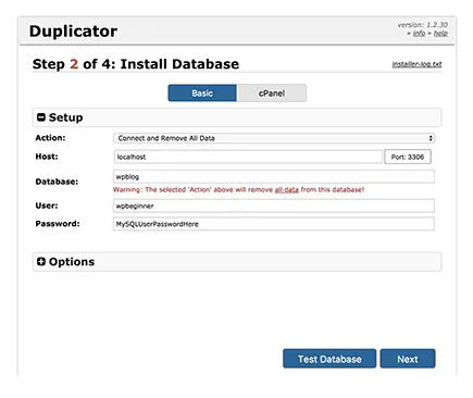 Cài đặt database cho duplicator