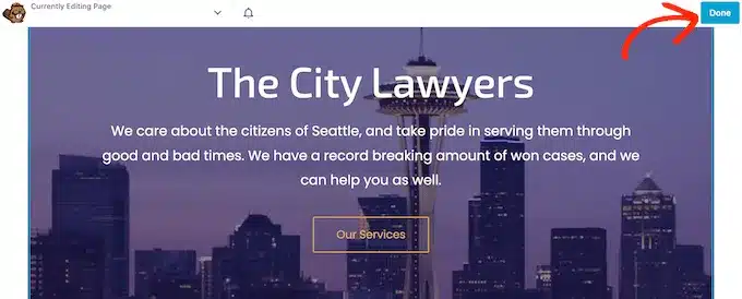 Nhấn Done để hoàn thành thiết kế tạo landing page bằng WordPress