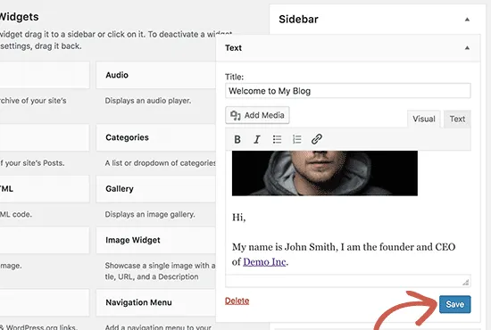Hướng dẫn cách chèn ảnh vào Widget WordPress khi sử dụng Text Widget