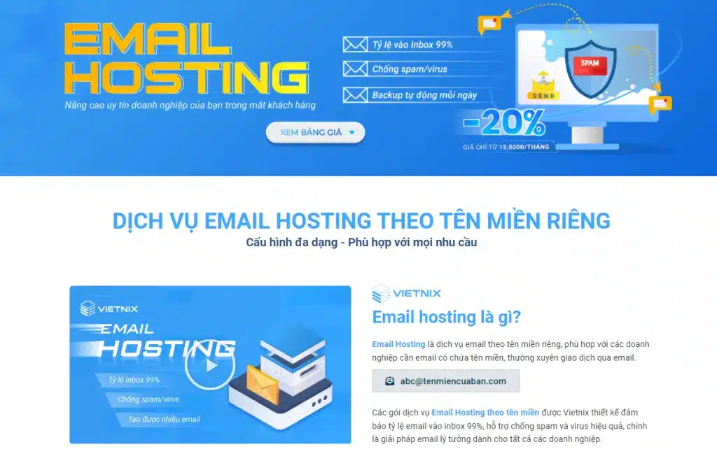 Dịch vụ Email Hosting theo tên miền riêng tại Vietnix