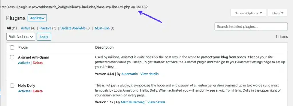Ví dụ về lỗi WP_DEBUG trên trang WordPress